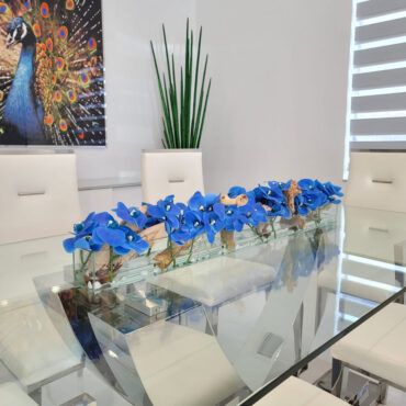 Cachepô de Vidro Casa Moderna com Orquídeas Azuis