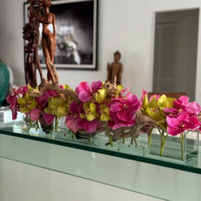Vaso de Vidro Casa Moderna com Vandas Rosas e Cymbidiums Verdes
