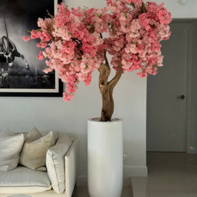 Cachepô St. Tropez Branco Fosco com Árvore de Flores de Cerejeira Rosa Sob Medida