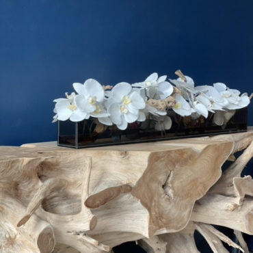 Cachepô de Vidro Preto Fumê 36″ Casa Moderna com Orquídeas Phalaenopsis Brancas